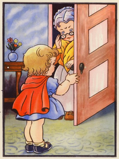 Hon berättar för sin mormor att det är säkert att komma ut (färglitografi) av English School