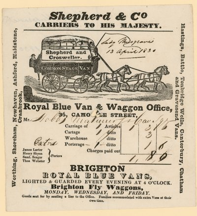 Shepherd & Co räkning. Brighton till London av English School