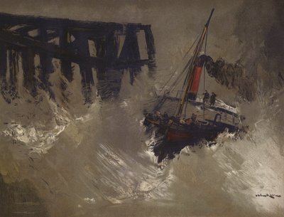 Fartyg som kämpar mot stora vågor (chromolitho) av English School