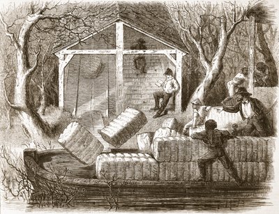 Att skjuta bomullsbalar i den främre delen av flodångaren Magnolia, illustration från The Illustrated London News, 1861 av English School