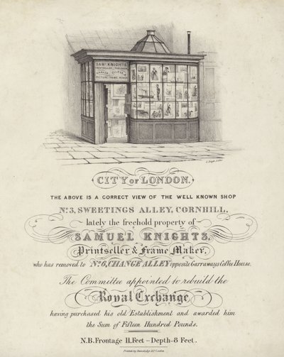 Butik av Samuel Knights, tryckerier och rammakare, 3 Sweetings Alley, Cornhill, City of London av English School