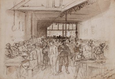 ?Shoreditch, Penny dinner at the Australian Meat Company, ca 1860 (penna, bläck & tvätt på papper) av English School