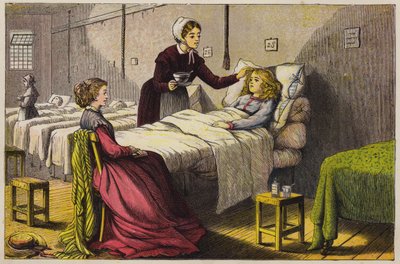 Sjuk liten flicka som vårdas på sjukhus (färgad gravyr) av English School