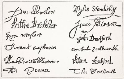 Pilgrimsfädernas signaturer, illustration från Hutchinsons Story of the British Nation, ca 1923 av English School