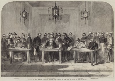 Undertecknande av fördraget mellan England och Kina i Tien-Tsin den 26 juni 1858 (gravyr) av English School
