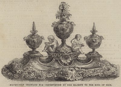 Silverförgyllt bläckställ för presentation av Hennes Majestät till kungen av Siam (gravyr) av English School