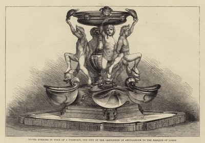 Silver Epergne i form av en fontän, gåvan från herrarna i Argyllshire till markisen av Lorne (gravyr) av English School
