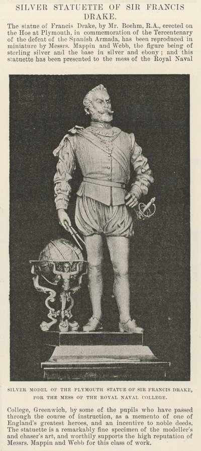 Silvermodell av Plymouth-statyn av Sir Francis Drake, för messen av Royal Naval College (gravyr) av English School