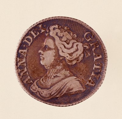 Silverengelska Groschen, drottning Anne Stuart (Anne av Storbritannien) (1665-1714) 1712. Diam. 2,5 cm Neapel, museo archeologico av English School