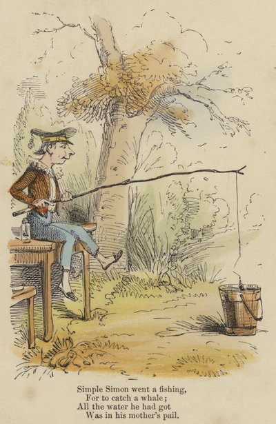 Enkel Simon gick på fiske, För att fånga en val; Allt vatten han hade, låg i sin mors hink (färgad gravyr) av English School