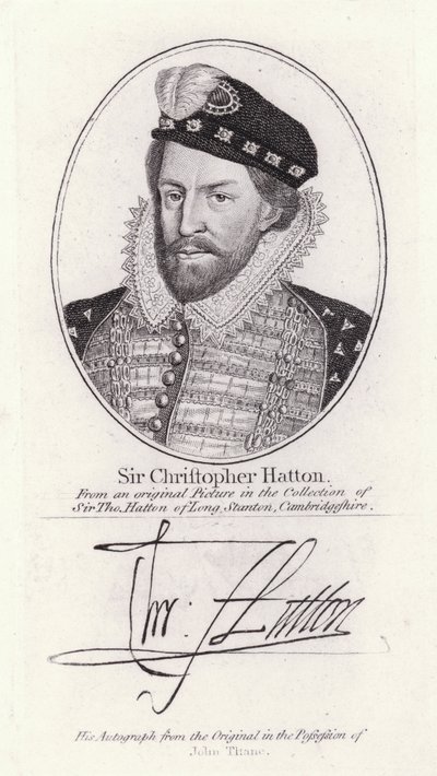 Sir Christopher Hatton, Lord Chancellor of England och favorit hos drottning Elizabeth I (gravyr) av English School