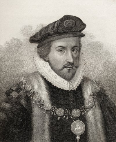 Sir Christopher Hatton, graverad av Bocquet, illustration från "A catalogue of Royal and Noble Authors, Volume II", publicerad 1806 av English School