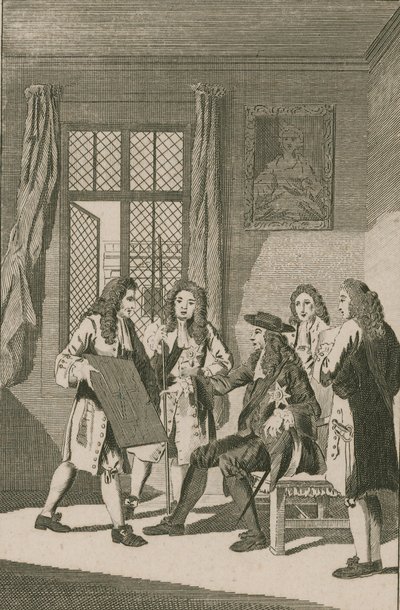 Sir Christopher Wren presenterar för kung Charles II sin plan för att återuppbygga staden London av English School