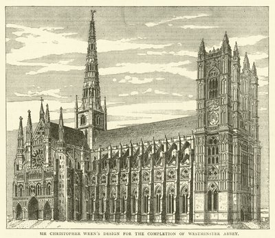 Sir Christopher Wrens design för färdigställandet av Westminster Abbey (gravyr) av English School