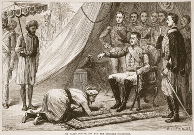 Sir David Ochterlony och Ghurka-budbäraren, illustration från Cassells Illustrated History of India av James Grant, pub. 1879 av English School