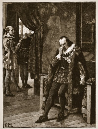 Sir Francis Bacon väntar på en publik av Buckingham, illustration från Cassells Illustrated History of England (sepiafoto) av English School