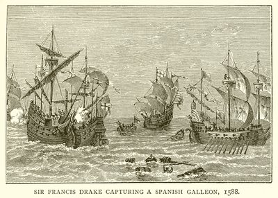 Sir Francis Drake fångar en spansk galjon, 1588 av English School