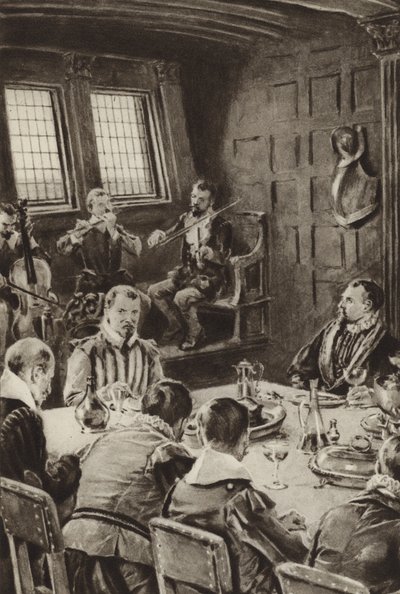 Sir Francis Drake, som äter på The Golden Hind till ljudet av violiner. av English School