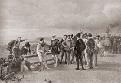 Sir Francis Drake spelar bowls, med den spanska armadan i sikte vid Plymouth Hoe, England 1588. av English School