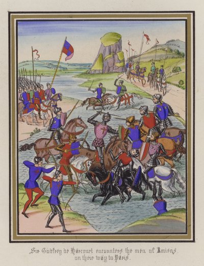 Sir Godfrey De Harcourt möter männen från Amiens på väg till Paris (färgad gravyr) av English School
