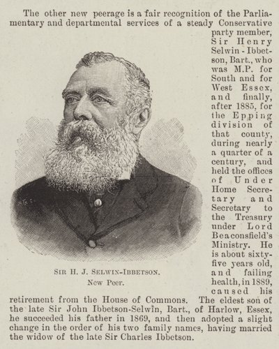Sir H J Selwin-Ibbetson, New Peer (gravyr) av English School