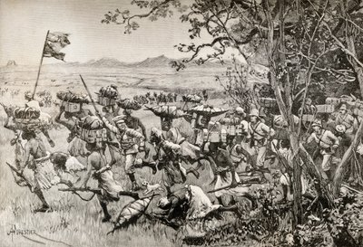 Sir Henry Morton Stanley och hans män kommer till slut ut ur skogen och in på gräsmarken 1887, under Emin Pashas hjälpexpedition i Afrika av English School