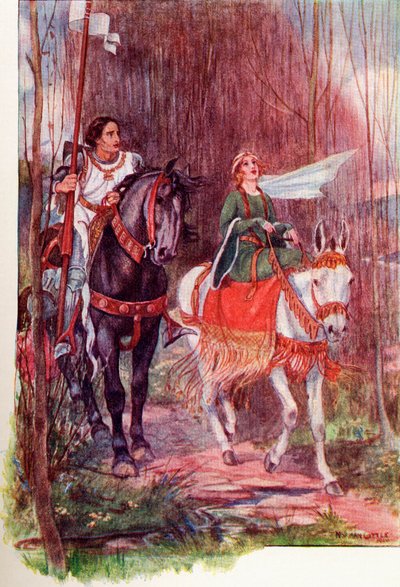 Sir Lancelot och drottning Guinevere. Färgad illustration från boken The Gateway to Tennyson publicerad 1910. av English School