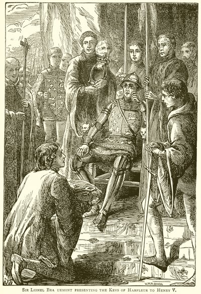 Sir Lionel Bra Uemont presenterar Keys of Harfleur till Henry V av English School