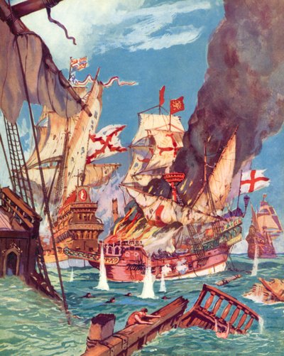 Sir Richard Grenville, Battle Of Flores (färg litho) av English School
