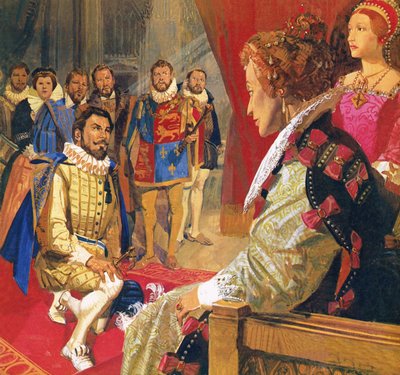 Sir Walter Raleigh före drottning Elizabeth av English School