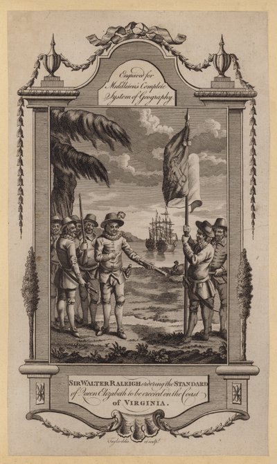 Sir Walter Raleigh beordrar att drottning Elizabeths standard ska uppföras på kusten i Virginia (gravyr) av English School