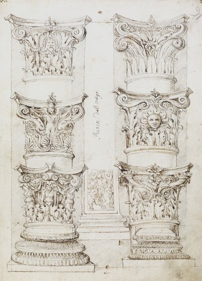 Six Capitals, a Lesene and Two Column Bases, Folio 1, The Master of the Oxford Album, c.1512-17 (penna och mörkbrunt bläck) av English School