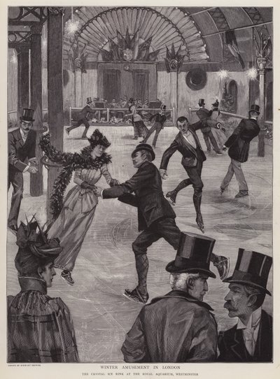Skridskoåkning på Crystal Ice Rink på Royal Aquarium, Westminster, London (litho) av English School