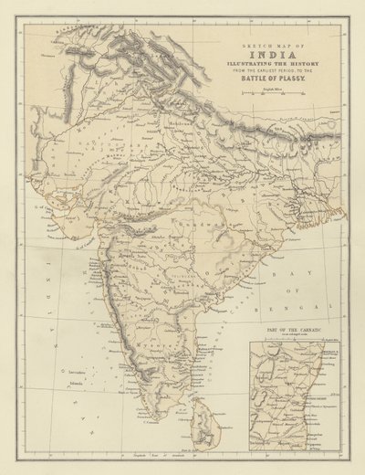 Skisskarta över Indien som illustrerar historien från den tidigaste perioden till slaget vid Plassy av English School
