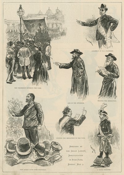 Skisser vid den stora Labour-demonstrationen i Hyde Park, söndagen den 3 maj 1891 av English School