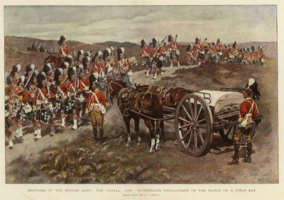 Skisser av den brittiska armén, Argyll and Sutherland Highlanders under marschen på en fältdag (färglitografi) av English School