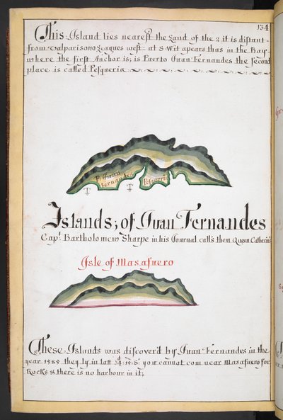 Sloane MS 44, f.269v, Karta över Juan Fernández i William Hacks South Sea Wagoner av English School