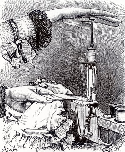Liten symaskin med låssöm, åtta tum lång, vägande 8 ounce, från Cassells Family Magazine, publicerad 1886 av English School