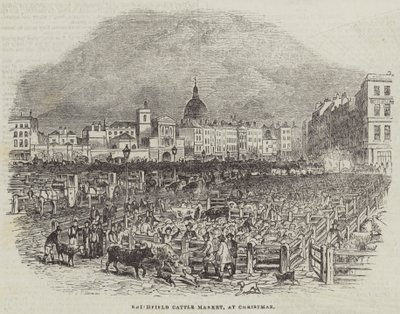 Smithfield Cattle Market, vid jul (gravyr) av English School