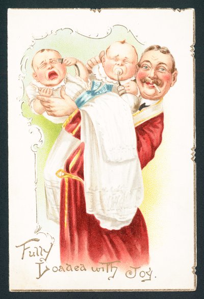 Rauchender Mann versucht Babys zu beruhigen, Weihnachtskarte von English School
