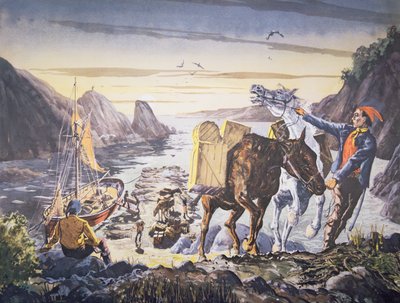 Smugglare laddar smuggelgods på sina ponnyer för resan inåt landet (litho) av English School