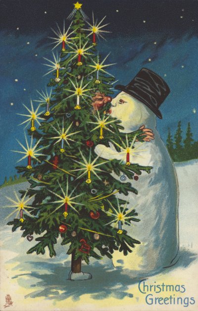 Kyssar snögubbe och julgran (chromolitho) av English School