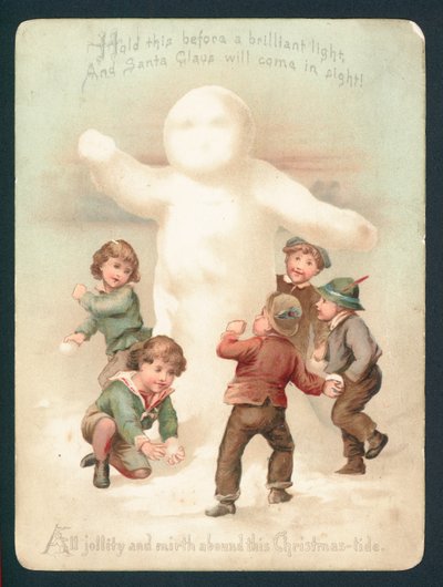 Snögubbe, barn och snöbollar, julkort av English School