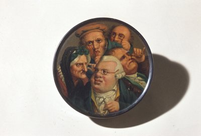 Snusdosa, handmålad med en scen av olika typer av glasögon, tidigt 1800-tal (papier mache) av English School