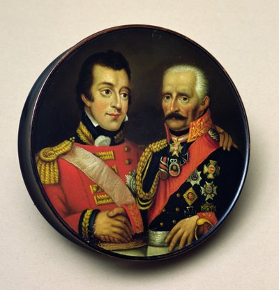 Snusdosa med porträtt av Arthur Wellesley (1769-1852) hertig av Wellington och Gebbard Leberecht (1742-1819) Fältmarskalk, prins von Blucher (målat trä) av English School