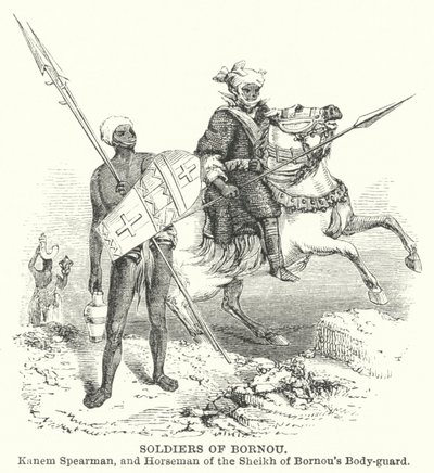 Soldater från Bornou, Kanem Spearman och ryttare i Shejken av Bornous livgarde (gravyr) av English School