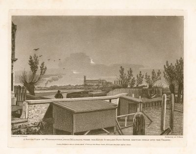 South View of Westminster från Millbank där Kings Scholars Pond Sewer mynnar ut i Themsen av English School