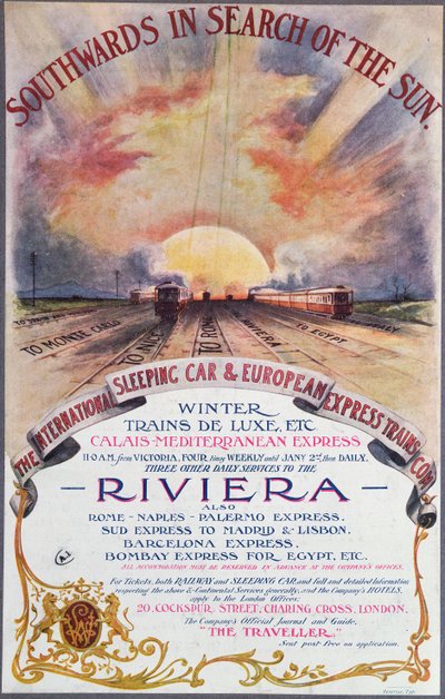 Southward to the Sun, affisch som annonserar International Sleeping Car Train Companys tjänster till Franska Rivieran, ca 1910 av English School