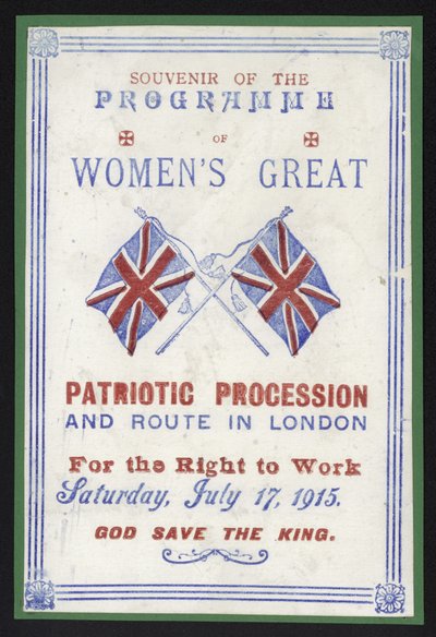 Souvenirprogram för kvinnornas procession för rätten att arbeta, London, 17 juli 1915 av English School