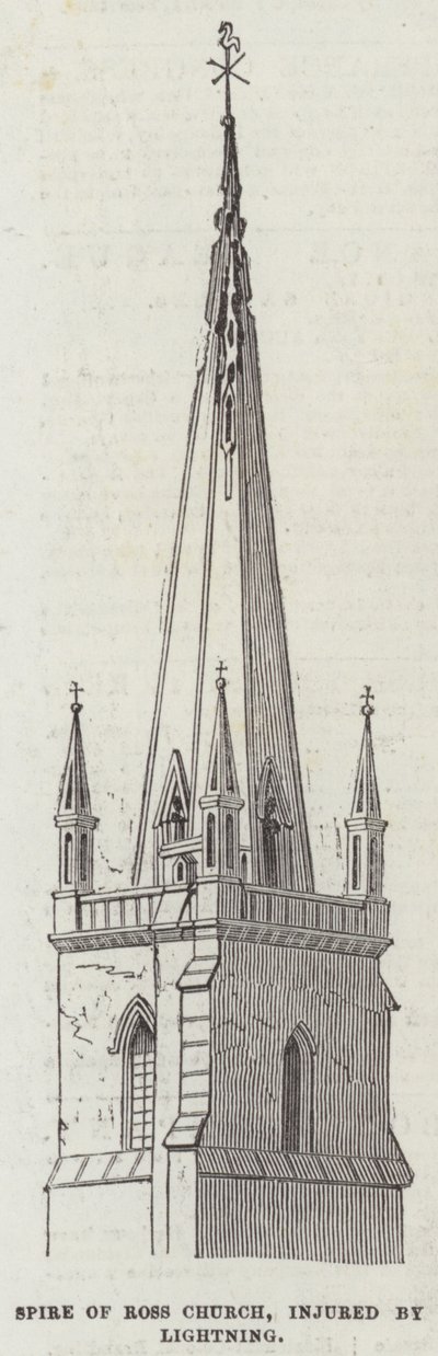 Spire of Ross Church, skadad av blixten (gravyr) av English School